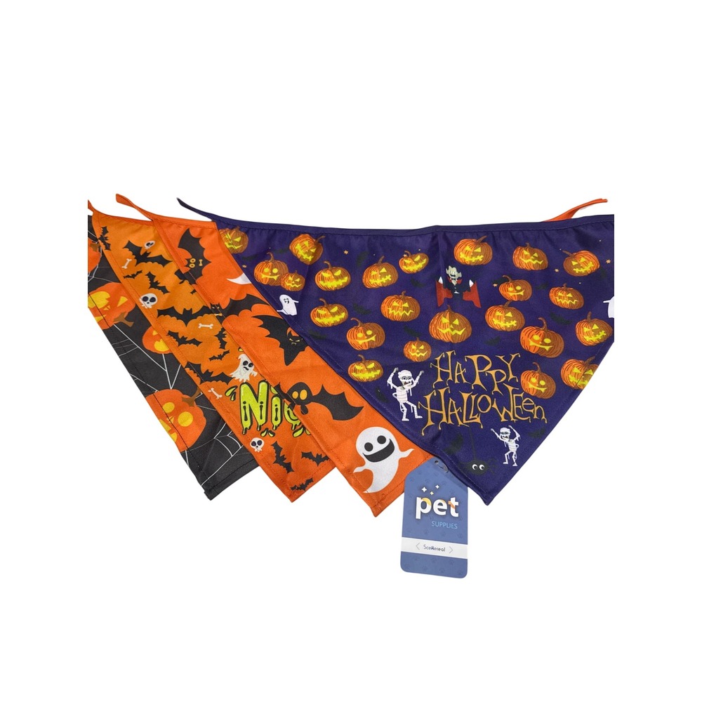 Scenereal Halloween Pet Bandana Set 4 Pack Multicolor Pumpkin Ghost Bat Spooky